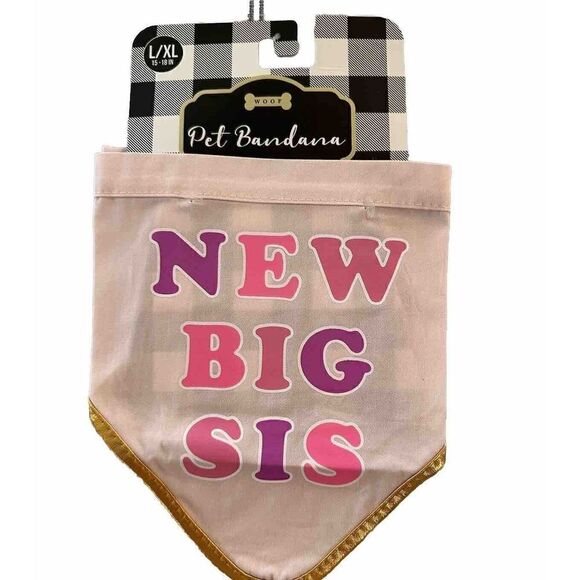 NEW BIG SIS L/XL Dog Bandana Big Sister Pink With Gold Trim By Woof NWT - Picture 1 of 4